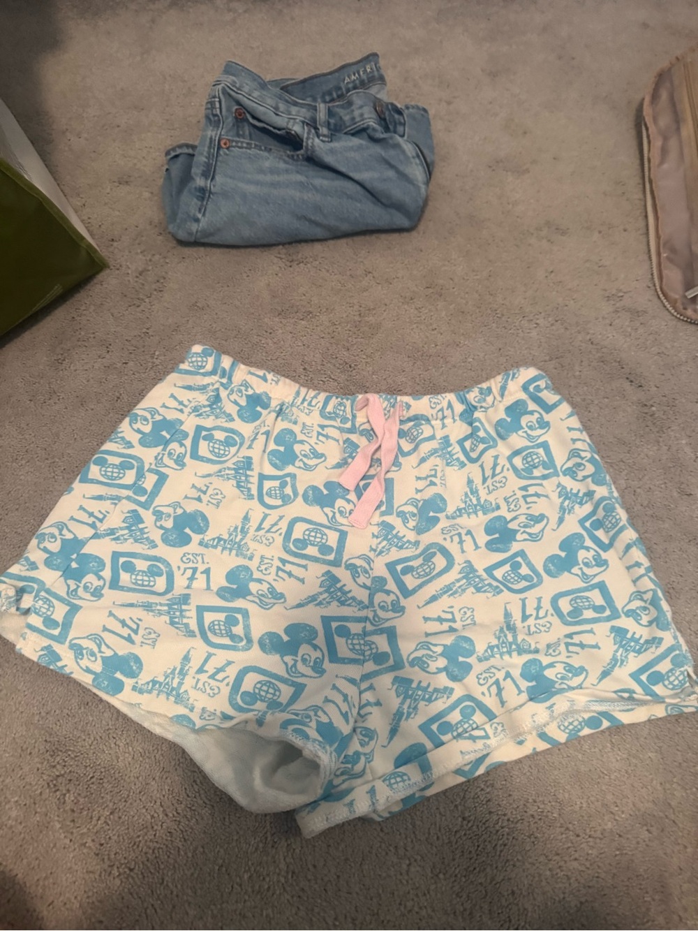 Disney Cream Shorts with Light Blue Print and Pink Drawstring